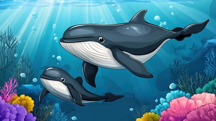 Fototapeta premium A heartwarming scene depicting a mother whale swimming gracefully alongside her baby whale in the vast ocean. The illustration captures the majestic presence of these gentle giants, 