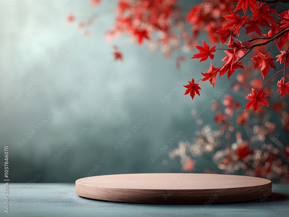 Poster rustic wooden circular stage set on a table with cascading red maple leaves in the background showca