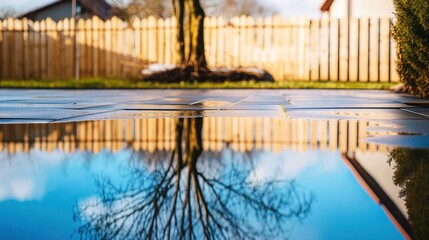 Backyard with standing water reflecting the surrounding trees and sky, capturing the serene beauty of nature's reflection and the tranquility of a still moment.