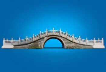 A stone bridge with a railing arches over a blue background.