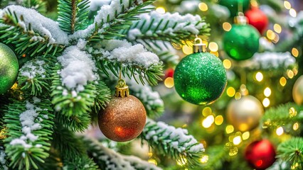 Close-up of green Christmas tree decorated with snow and festive ornaments