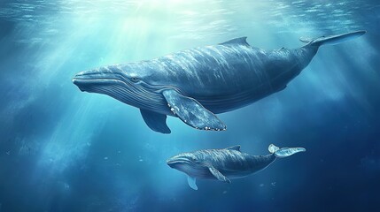 Fototapeta premium A heartwarming scene depicting a mother whale swimming gracefully alongside her baby whale in the vast ocean. The illustration captures the majestic presence of these gentle giants, 