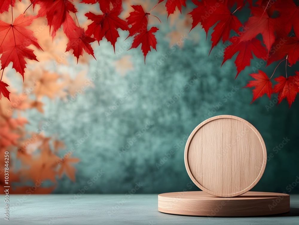 Poster elegant autumnal display featuring red maple leaves draped over a wooden circular platform against a