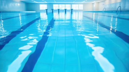 Obraz premium A serene indoor swimming pool with clear blue water, lane dividers, and underwater lighting