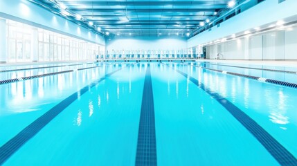 A serene indoor swimming pool with clear blue water, lane dividers, and underwater lighting