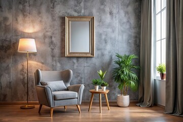 Close-up of grey wall background with window curtain and vase of plant frame lamp decoration, armchair style