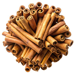 Cinnamon stick pile top view isolated on transparent background