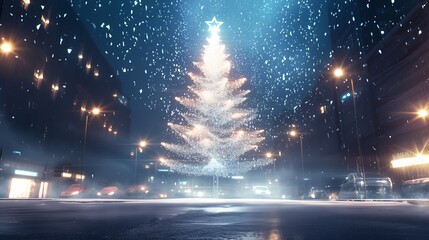 クリスマスの魔法に包まれた夜の街と輝くクリスマスツリー