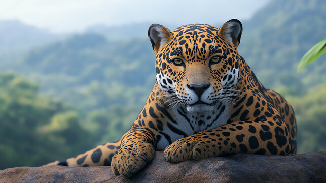 A majestic jaguar resting on a rock in a lush green environment, showcasing its distinct spotted coat against a vibrant natural backdrop.