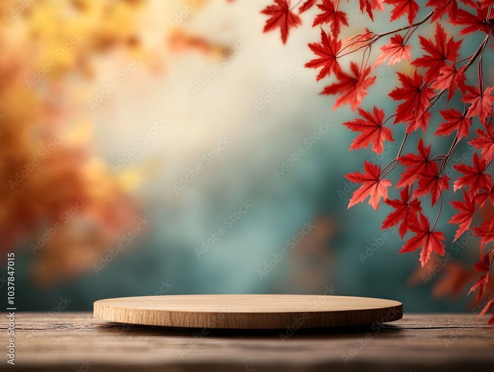 Poster autumn maple leaf display on wooden platform with warm tones and minimalist design a clean and simpl