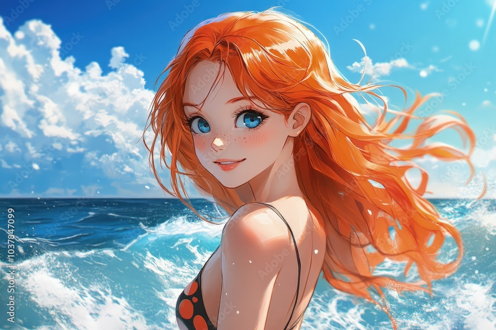 Sticker a woman with long red hair standing in the ocean