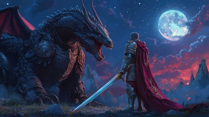 A knight in shining armor stands before a large black dragon under a full moon, with mountains and a red sky in the background.