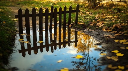 Obraz premium Backyard with standing water reflecting the surrounding trees and sky, capturing the serene beauty of nature's reflection and the tranquility of a still moment.