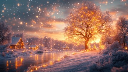 Beautifully Decorated Christmas Tree with Snow and Blurred Lights for Holiday Celebrations and Seasonal Greetings