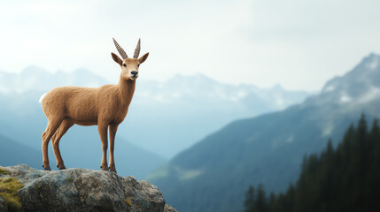 Obraz premium A majestic mountain goat standing on a rocky outcrop, surrounded by stunning mountain scenery under a clear blue sky.