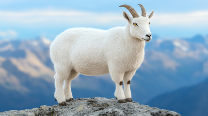 Fototapeta premium A majestic mountain goat standing on a rocky outcrop with a stunning mountainous backdrop, showcasing its vibrant white fur and sharp horns.