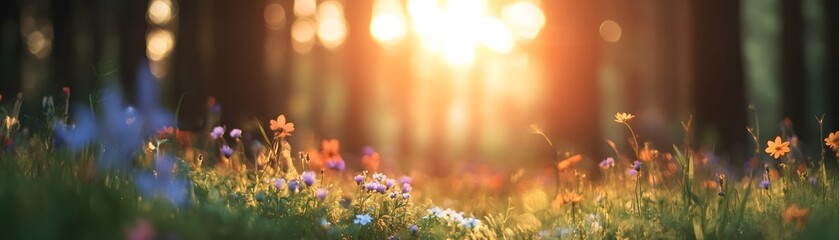 Fototapeta premium Sun-Kissed Meadow with Blooming Wildflowers and Blurry Forest Background