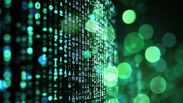 A close-up shot of binary code glowing green on a black background