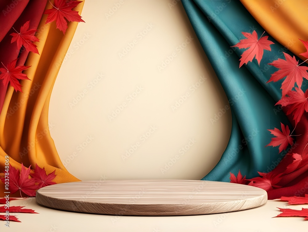 Poster warm toned autumn background with vibrant red maple leaves arranged on a wooden platform in a studio