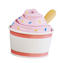 3d Pink dipped ice cream with sprinkles in cup, wooden spoon. Great for food blogs, dessert menus, social media posts, and advertising.