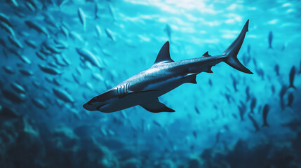 Obraz premium A majestic shark swimming gracefully in the vibrant blue ocean, surrounded by a school of smaller fish, showcasing the beauty of marine life.