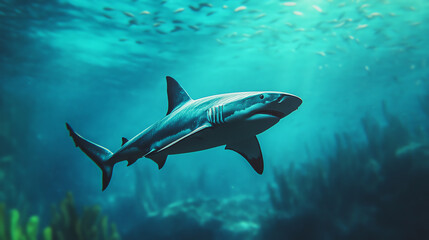 Naklejka premium A majestic shark swimming gracefully through the clear blue waters, showcasing its powerful fins and sleek body amidst stunning underwater scenery.