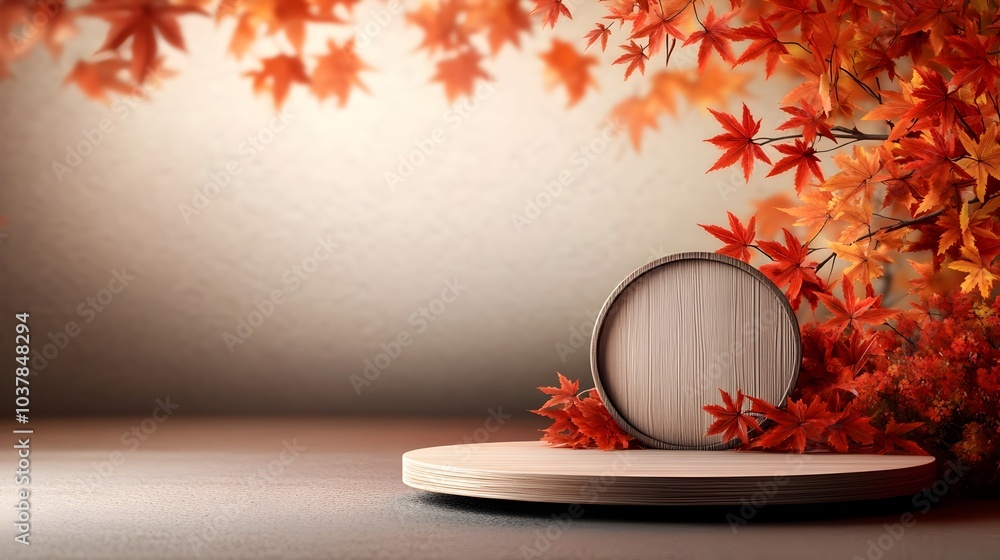 Poster autumnal maple leaves cascading in vivid red and orange hues on a round wooden platform with a contr