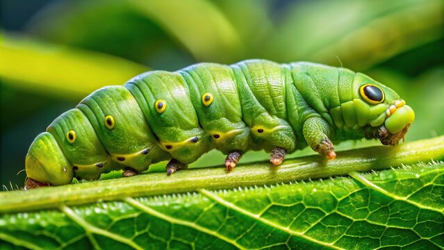 Closeup of large green caterpillar of Angle Shades Phlogophora meticulosa at low angle view