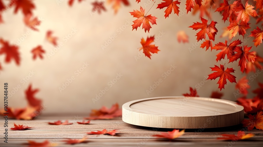 Poster vibrant red maple leaves cascading and falling around a wooden circular platform resting atop a tabl