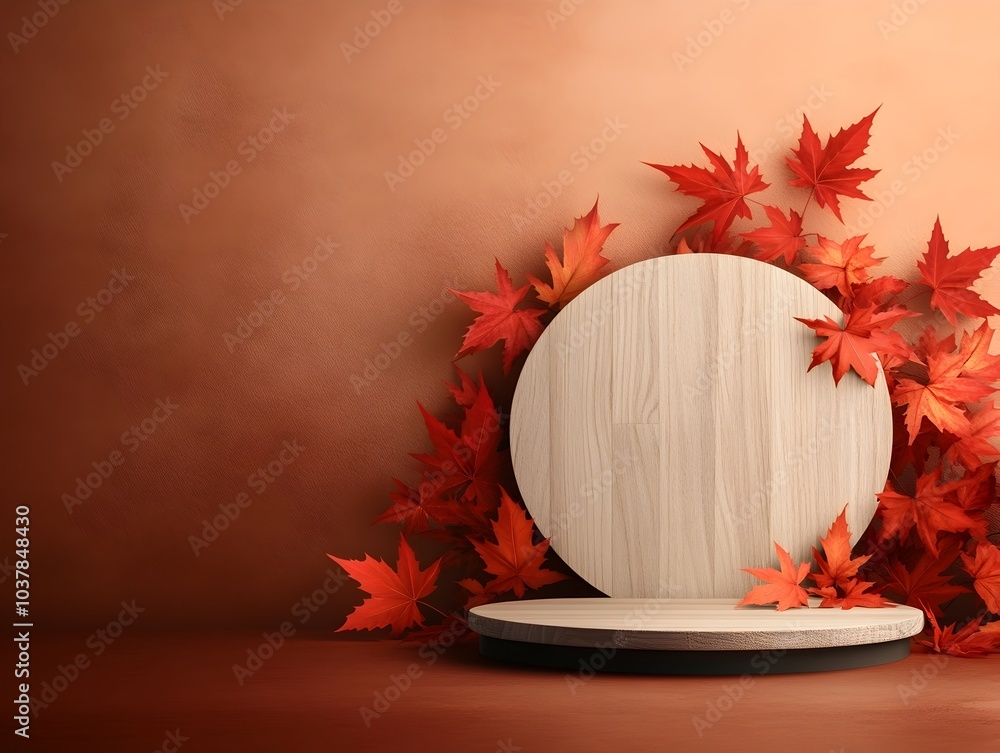 Poster elegant wooden platform with vibrant red maple leaves on a minimalist studio setup with various back