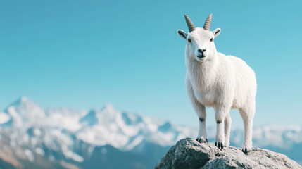 Fototapeta premium A majestic white goat standing atop a rocky ledge with a stunning mountain landscape in the background under a clear blue sky.