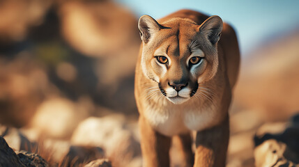 Obraz premium A powerful puma walks gracefully through rocky terrain, showcasing its stunning features and piercing gaze amidst a blurred natural backdrop.