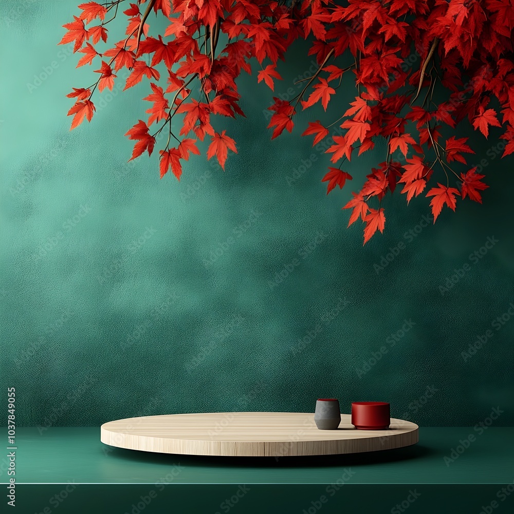 Poster circular wooden platform placed on a table with a backdrop of vivid red maple foliage in deep emeral