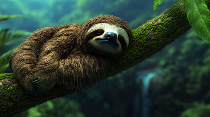Fototapeta premium A relaxed sloth hanging on a tree branch in a lush green jungle setting, showcasing its charming expression and peaceful demeanor.