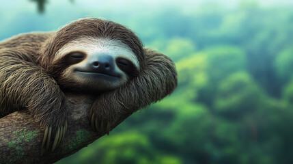 Fototapeta premium A relaxed sloth resting on a tree branch, surrounded by lush green foliage. The serene expression captures the essence of tranquility in nature.