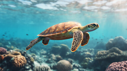Obraz premium A serene sea turtle glides gracefully through vibrant coral reefs, showcasing the beauty of marine life in a clear, sunny underwater environment.