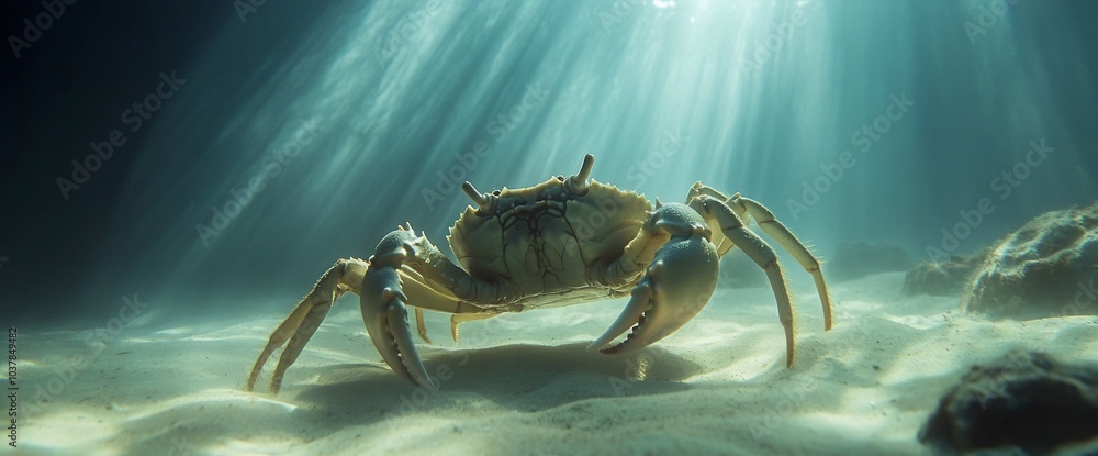Poster a crab on the seabed with rays of light shining down.