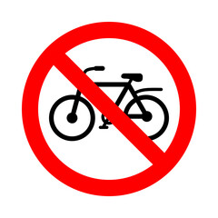 no bike zone, front view silhouette in red circle pictogram, round vector icon