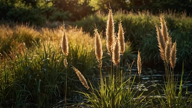 Animation of Golden Summer Glow on Reed Grass. Bright golden glow of summer sun on reed grass. Realistic motion.