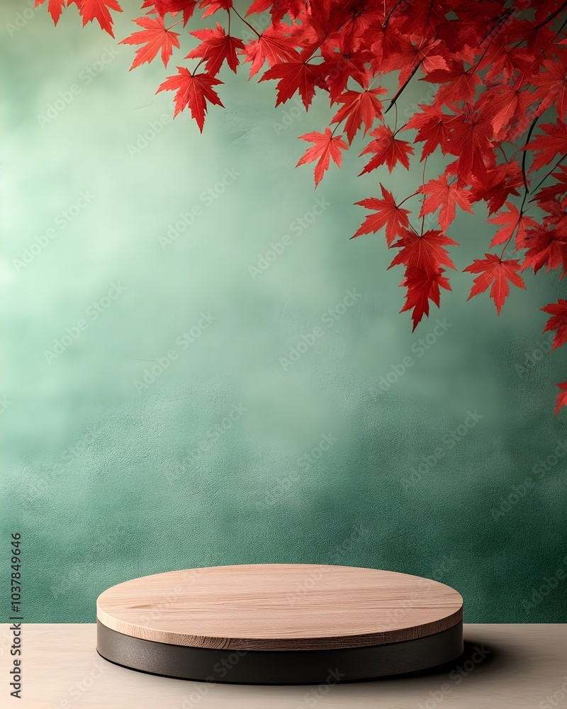 Poster wooden round podium resting on table with vibrant red maple leaves hanging in a warm toned minimalis