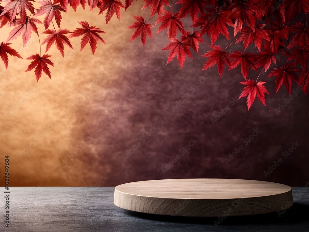 Poster a round wooden podium resting on a table with cascading red maple leaves hanging in the background a