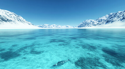 A stunning view of crystal-clear turquoise water surrounded by majestic snow-capped mountains under a bright blue sky.