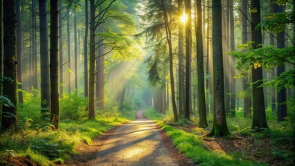 Obraz premium Close-up of peaceful path in soft covered forest during morning