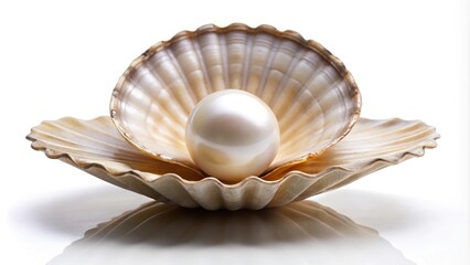 Close-up of pearl in open shell on white background