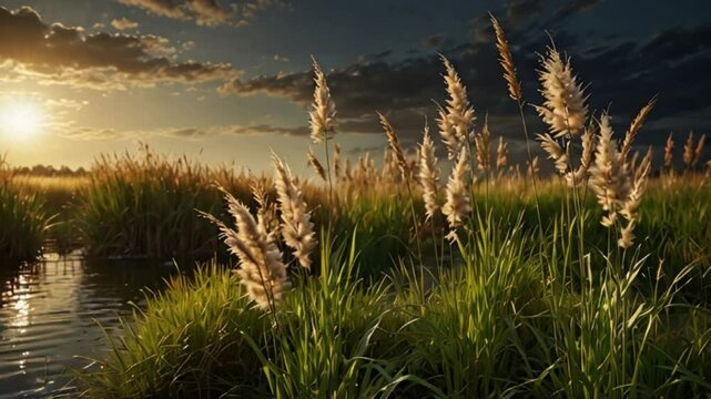 Animation of Reed Grass in Autumn Silence. Warm autumn light and reed grass swaying softly. Realistic motion.