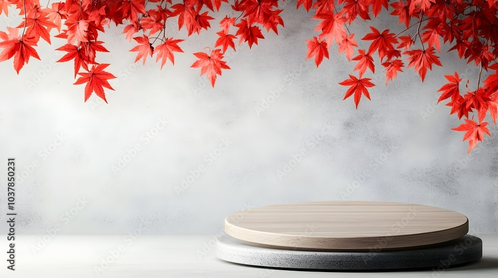 Poster elegant wooden podium displayed on a table with beautiful red maple leaves hanging in the background