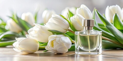 Close-up of perfume bottle with white tulips flowers decoration