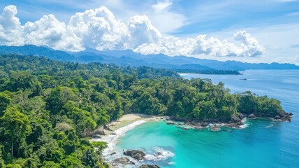 Obraz premium Aerial view of a pristine beach surrounded by lush greenery and mountains, featuring clear turquoise waters and a sunny sky.