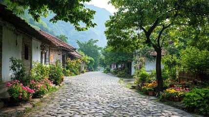 Fototapeta premium A serene cobblestone path surrounded by lush greenery and colorful flowers, leading through quaint houses under a clear sky.