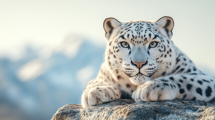 Naklejka premium Close-up of a majestic snow leopard resting on a rocky surface, showcasing its beautiful fur and intense gaze against a serene mountain backdrop.